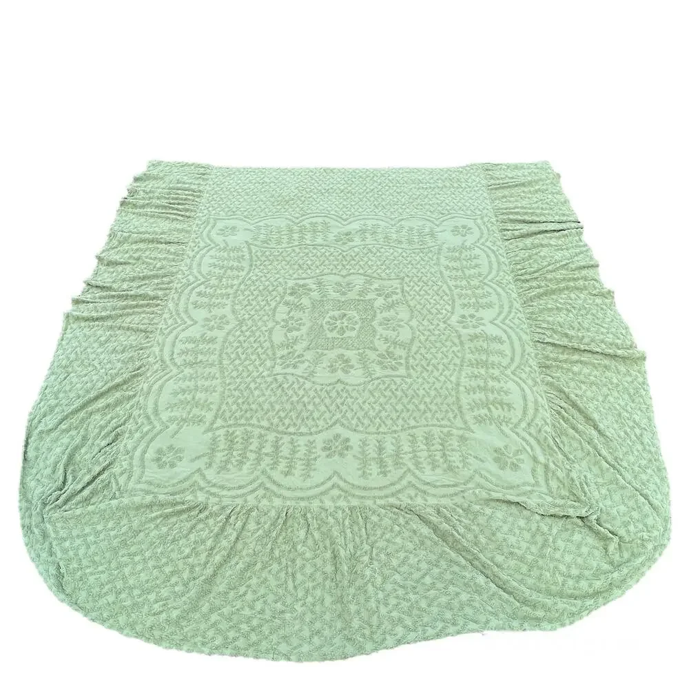 Vintage Chenille Bedspread Green King Size Upcycling Textile Cotton